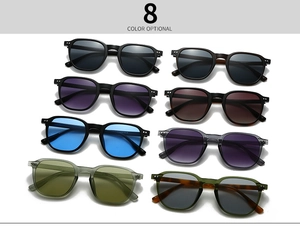 Detailansicht von acht Farbvarianten der Retro-Quadrat-Sonnenbrille mit Doppelsteg
