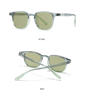 Détails de lunettes de soleil rondes rétro bleues montrant les angles de côté et de l'arrière