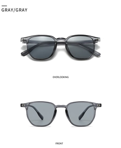 Vues de face et de dessus de lunettes de soleil rondes grises translucides avec verres gris