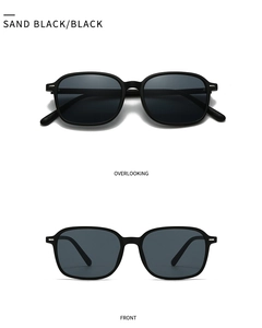 Front and top view of matte sand black rectangular sunglasses with dark tinted lenses