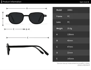 Detailed size chart for PC sunglasses model 10061 showing exact frame dimensions