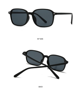 Detail view of square black sunglasses showing 45-degree side and back folding angles