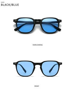 Front- und Draufsicht der quadratischen schwarzen Sonnenbrille mit blauen Gläsern und Nieten