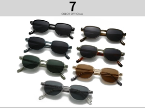 Detailed flat lay of rectangular sunglasses in 7 optional colors on a white background