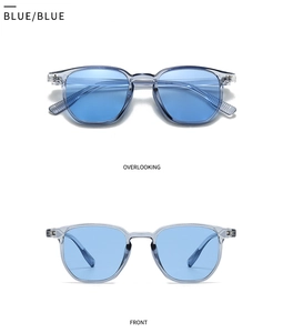 Vues de dessus et de face de lunettes de soleil rétro carrées en bleu translucide