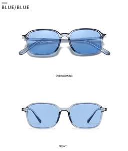 Detailed front and top views of modern square sunglasses with blue transparent lenses