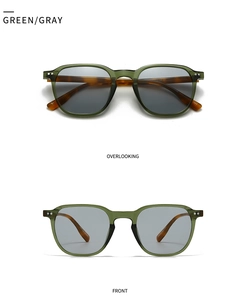 Vorder- und Draufsicht auf grüne transparente Sonnenbrille mit Bügeln in Schildpatt-Optik