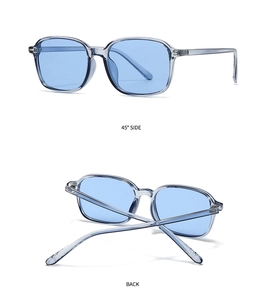 Detail view of square sunglasses with smoke grey frames and sky blue lenses from 45 degree angle