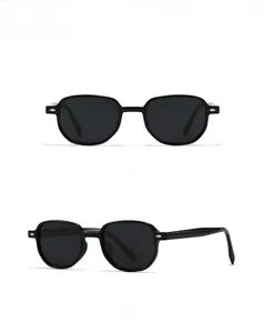 Front and side views of black square sunglasses with silver metal rivets detail