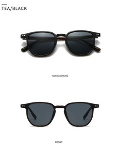 Vue de face et de dessus de lunettes de soleil carrées noir thé avec rivets métalliques
