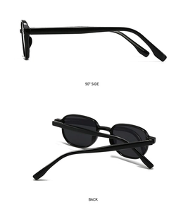 Side and back view detail of classic black full-frame sunglasses with glossy resin temples