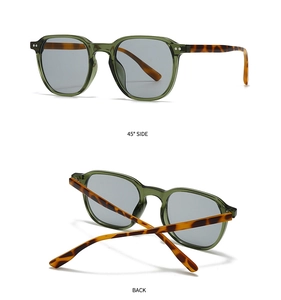 Detailansicht der transparenten grünen Sonnenbrille mit Schildpatt-Bügeln im 45 Grad Winkel