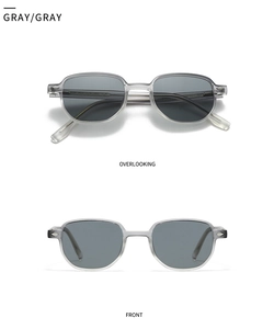 Detailed front and overlook views of transparent gray square sunglasses with engraved temples