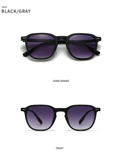 Vorder- und Draufsicht der mattschwarzen Retro-Sonnenbrille mit grauen Verlaufsgläsern