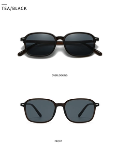 Front and top view of tea and black square double-bridge sunglasses with dark grey lenses