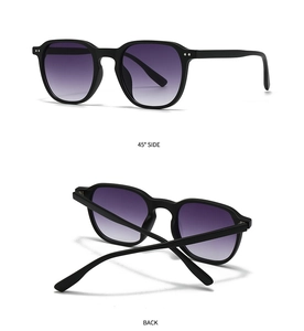 Detailansicht der quadratischen Doppelsteg-Sonnenbrille mit violetten Verlaufsgläsern