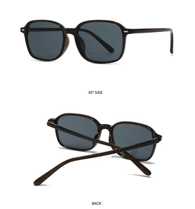 Detailed views of square retro sunglasses showing 45-degree side and back fold angles