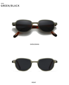 Front and top views of retro matte green sunglasses with sleek black lenses and metal details