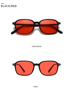Front and top view of retro square sunglasses featuring a matte black frame and red lenses