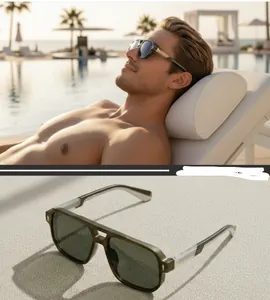 Détail de lunettes pilote carrées avec monture olive mate et branches métalliques