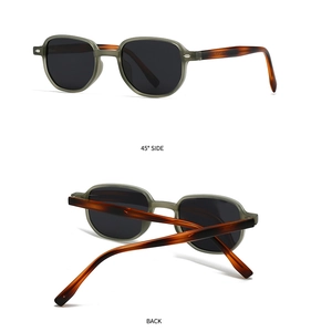 Detailed 45-degree side and back view of retro square sunglasses with tortoise temples
