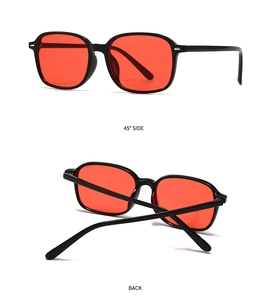 Dual view of black square sunglasses with red lenses showing 45-degree side and back angles