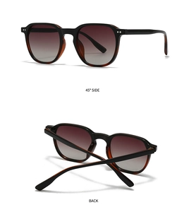 Detaillierte 45-Grad-Seiten- und Rückansicht der Retro-Sonnenbrille mit Schildpatt-Akzenten