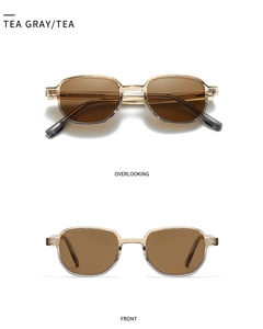 Detailed front and top view of tea gray fashion sunglasses with patterned metal core