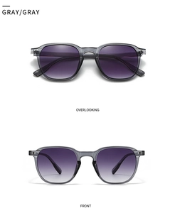 Vorder- und Draufsicht der transparenten grauen quadratischen Sonnenbrille mit lila Verlauf