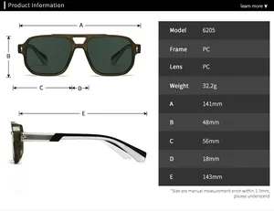 Tableau de tailles détaillé pour lunettes aviateur carrées avec dimensions et matériau PC