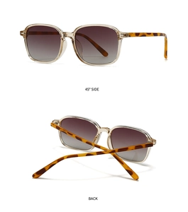 Modern square sunglasses with champagne frames and leopard print temples shown in dual views
