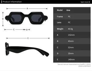 Detailed sizing chart and technical dimensions for stylish square frame sunglasses