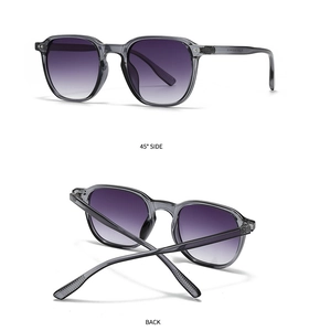 Details der quadratischen Vintage-Sonnenbrille mit Metallnieten und lila Verlaufsgläsern