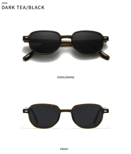 Front and top view of vintage dark tea sunglasses with black lenses and silver rivets