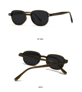 Detail view of amber brown retro sunglasses frame with metallic rivets and 45 degree angle