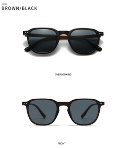 Detailansicht der quadratischen Doppelsteg-Sonnenbrille mit Metallnieten und dunklen Gläsern