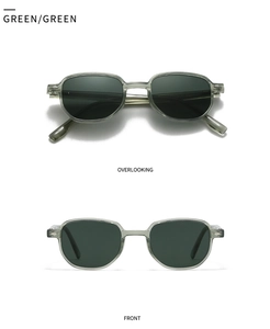 Front and top view of modern rectangular sunglasses with translucent green frame