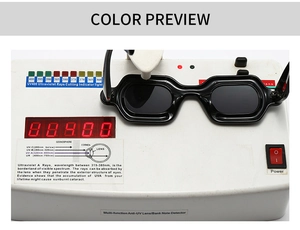 Detail showing UV400 protection test on square black sunglasses with thick retro frames