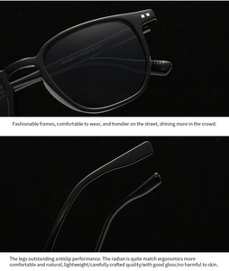 Détail de lunettes de soleil rondes avec rivets et spécifications sur la branche