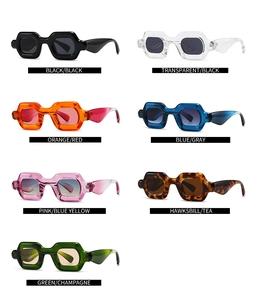 Detail showing seven candy-colored chunky square sunglasses in a grid layout
