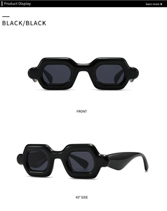 Front and side view of thick-frame black hexagonal sunglasses with UV protection