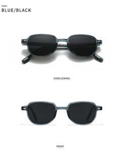 Detailed front and top views of blue translucent square sunglasses with metal rivets