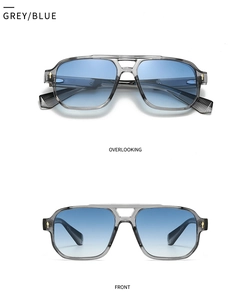Détails de lunettes pilote grises avec verres dégradés bleus et rivets métalliques