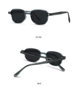 Detailed views of 45-degree side and back of transparent gray retro sunglasses