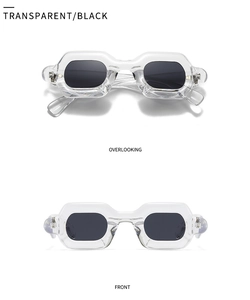 Front and top view of transparent square sunglasses with black lenses and thick frames
