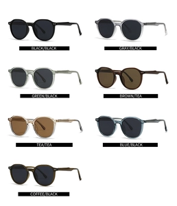 Collage of retro round frame sunglasses in seven classic colors with assorted lenses
