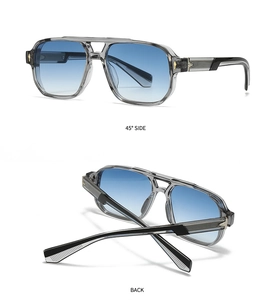 Vue détaillée de lunettes aviateur avec monture grise transparente et verres dégradés bleus