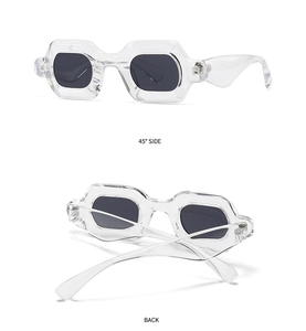 Detail showing 45-degree side and back views of geometric square frame sunglasses