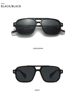 Vues de face et de dessus de lunettes de soleil pilote avec monture noire et flèches dorées