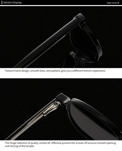 Detailed view of durable metal hinges and textured black frame of the sunglasses